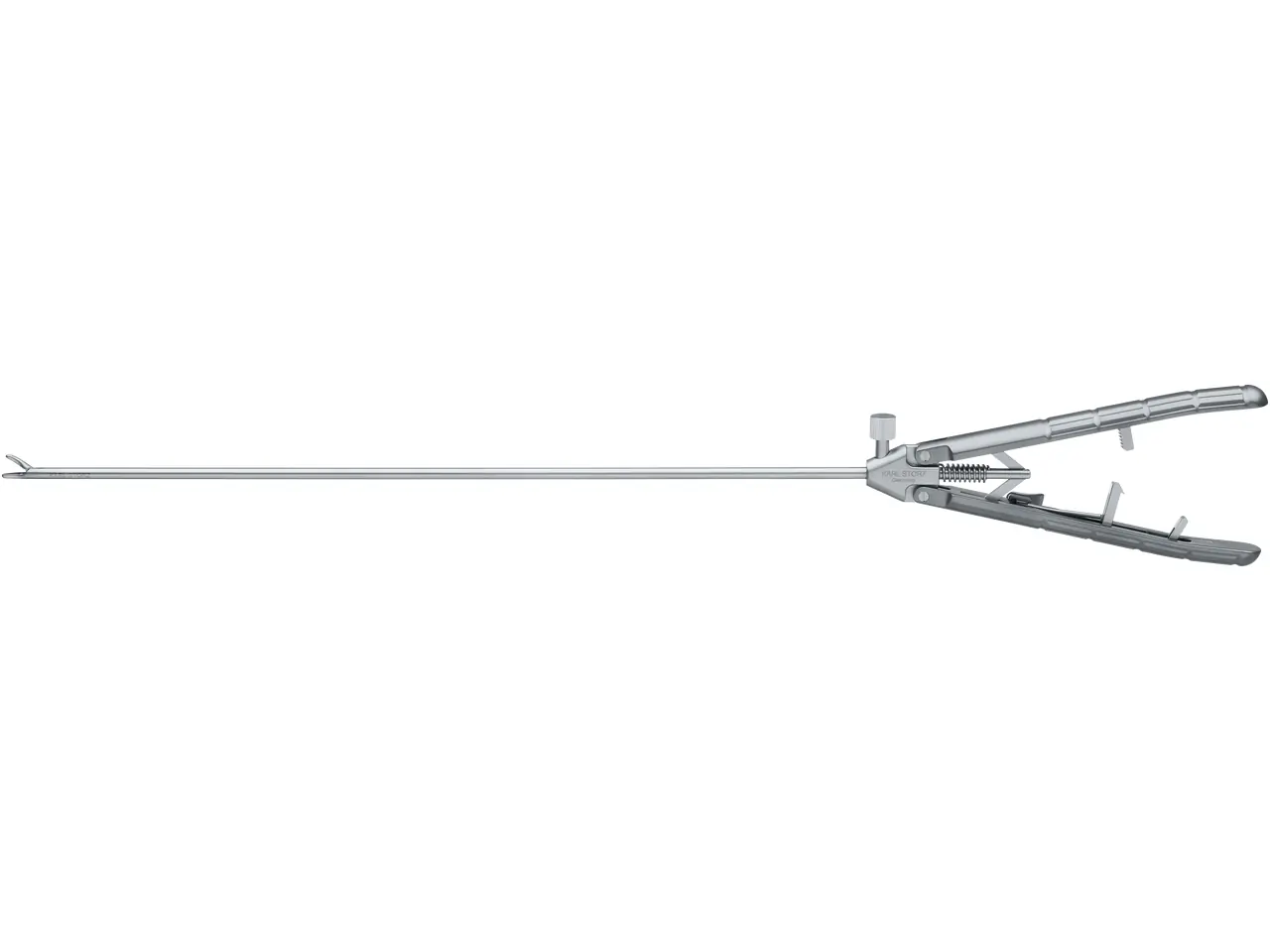 26173ML -Karl Storz Macro Needle Holder, 5 mm, 33 cm jaws curved to left, often described as a palm grip model.
