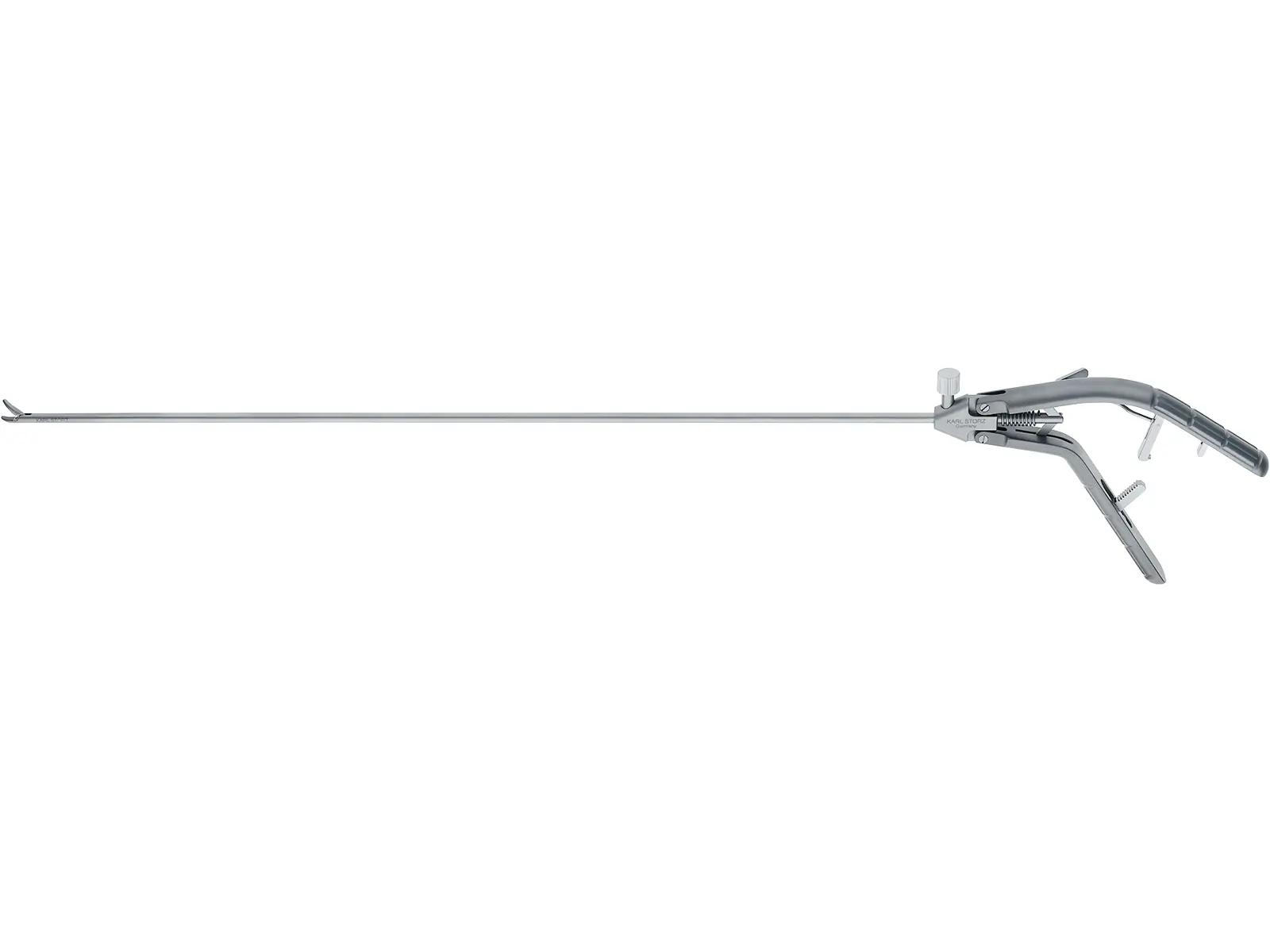 26178KPL -Karl Storz  Macro Needle Holder, 5 mm, 43 cm, jaws curved to left, with tungsten carbide inserts.